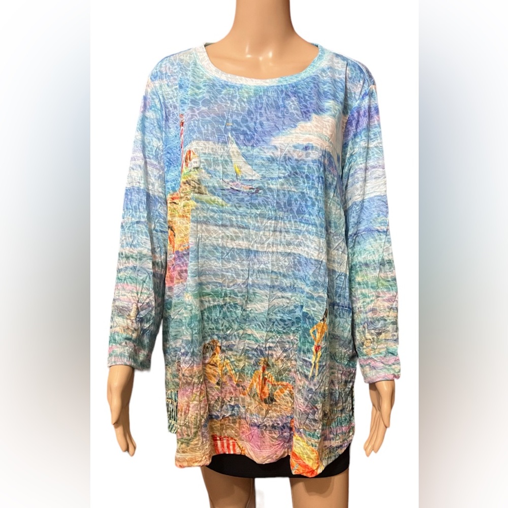 NWT Ali Miles Burn Out Crinkle Knit Plus Sz 3/4 Sleeve Hi-Low Hem Printed Tunic
